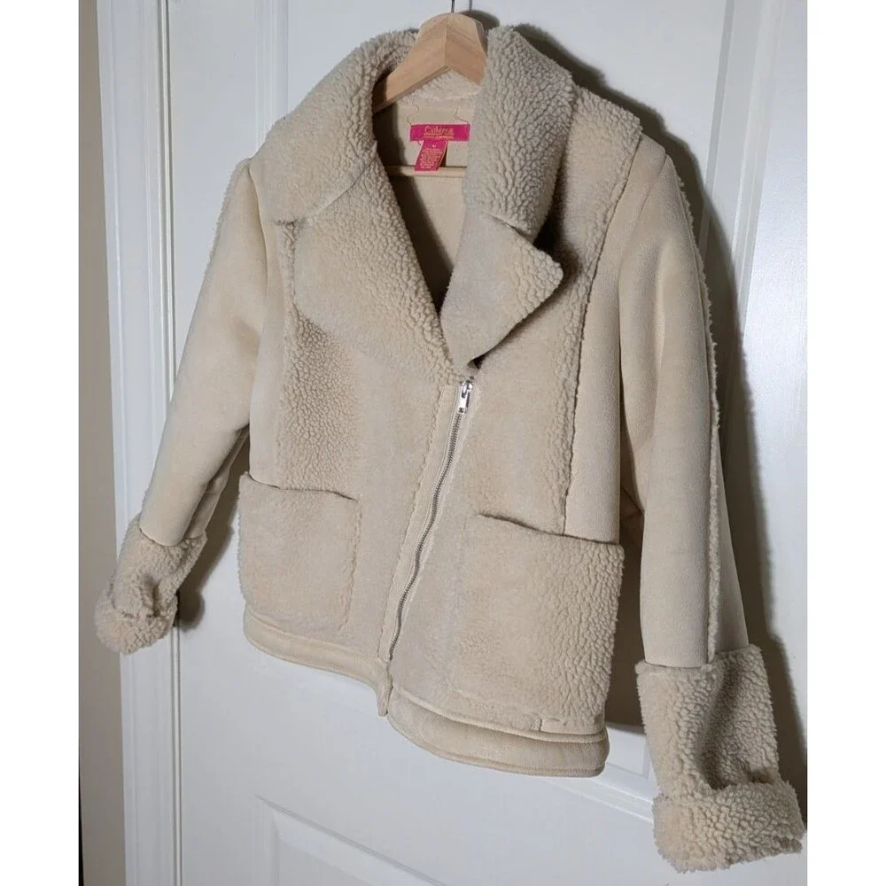 Catherine Malandrino Faux Shearling Moto Jacket Medium Beige Suede Zip - Picture 2 of 10
